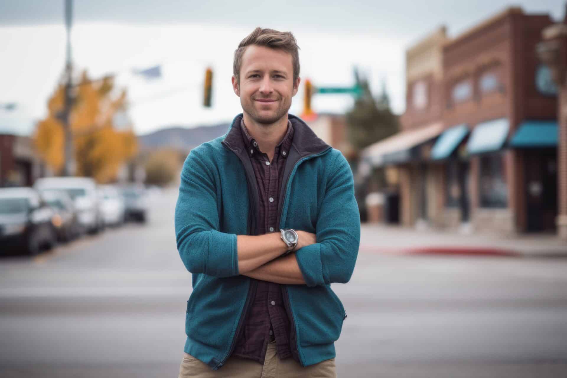 A man in a blue jacket stands confidently with arms crossed in the middle of a city street. The background features buildings, parked cars, and blurred streetlights. The scene has a casual, urban feel.