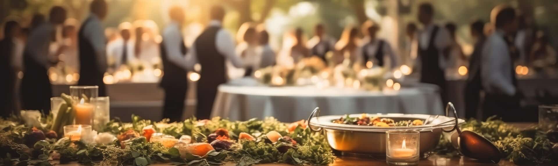 A beautifully arranged buffet table at an outdoor event, adorned with greenery and colorful dishes. In the background, guests in formal attire mingle under soft, warm lighting.