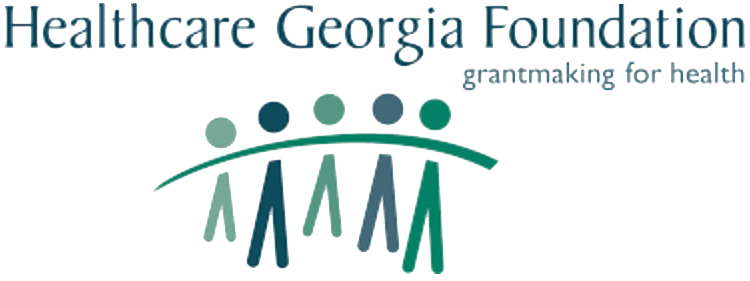 Logo of Healthcare Georgia Foundation featuring stylized figures in various shades of blue and green, connected by an arch. The text reads Healthcare Georgia Foundation grantmaking for health.