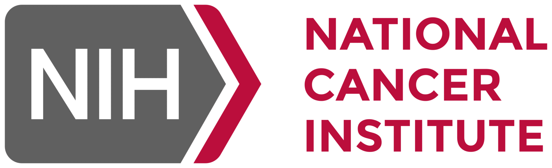 Logo of the National Cancer Institute featuring the acronym NIH in white on a gray background, with a red arrow pointing right. The words National Cancer Institute are in red to the right of the arrow.