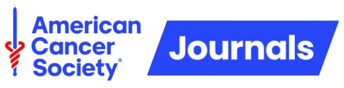 Logo featuring the text American Cancer Society with a stylized sword and serpent symbol, alongside a blue geometric shape containing the word Journals in white.