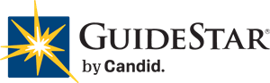 Logo of GuideStar by Candid. It features a blue square with a yellow and white starburst on the left, and the words GuideStar by Candid in black text on the right.