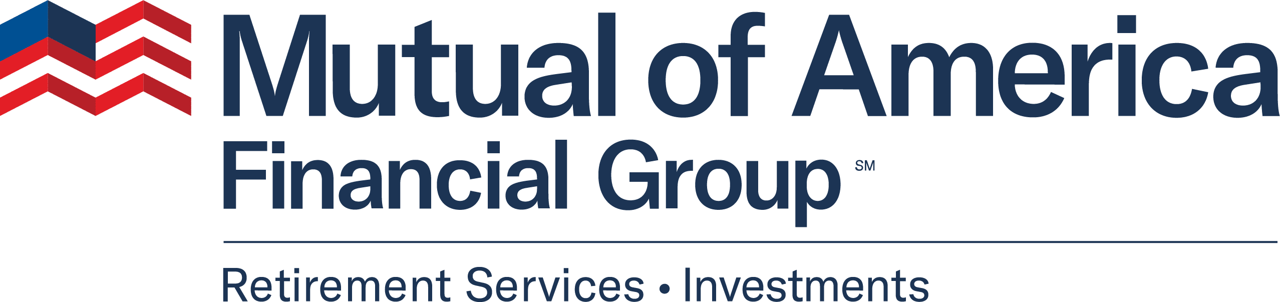 Logo of Mutual of America Financial Group featuring stylized red, white, and blue mountains. Text below reads Retirement Services • Investments.