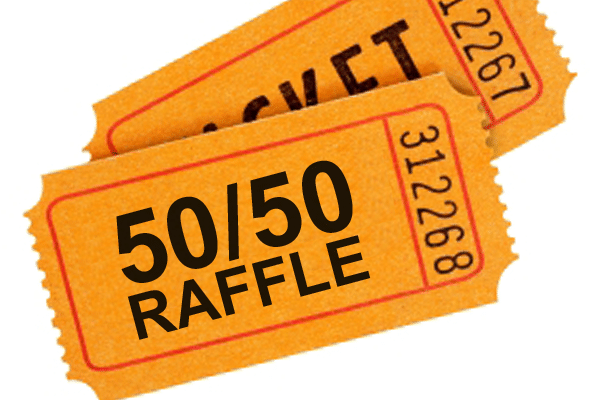 Two orange raffle tickets are stacked, with one prominently displaying 50/50 RAFFLE in bold black text and the number 312268 along the edge.