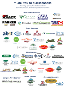 Sponsor thank you poster for cancer benefit with various business logos, grouped by sponsorship level and industries like real estate, media.